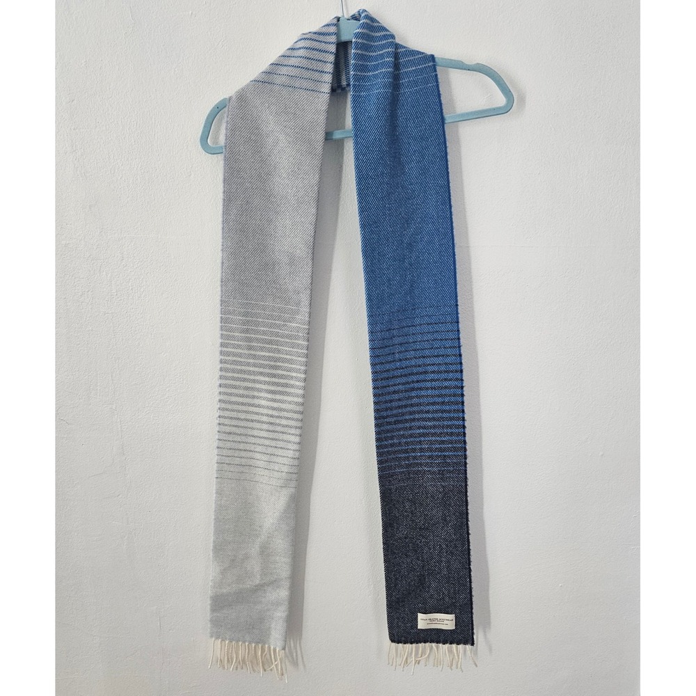 Aran‎ Islands Knitwear Scarf Blue Grey Striped Wool Blend Made in Ireland Fringe